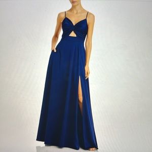 Navy gown - “Aidan by Aidan Mattox: Twist Front Mermaid Gown.”